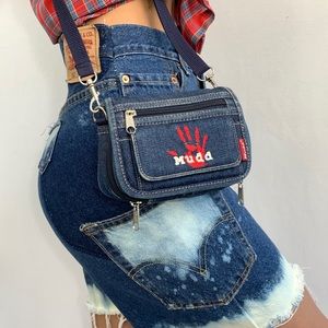 Vintage Mudd Denim Crossbody Bag with Red Handprint Detail 90s Y2K